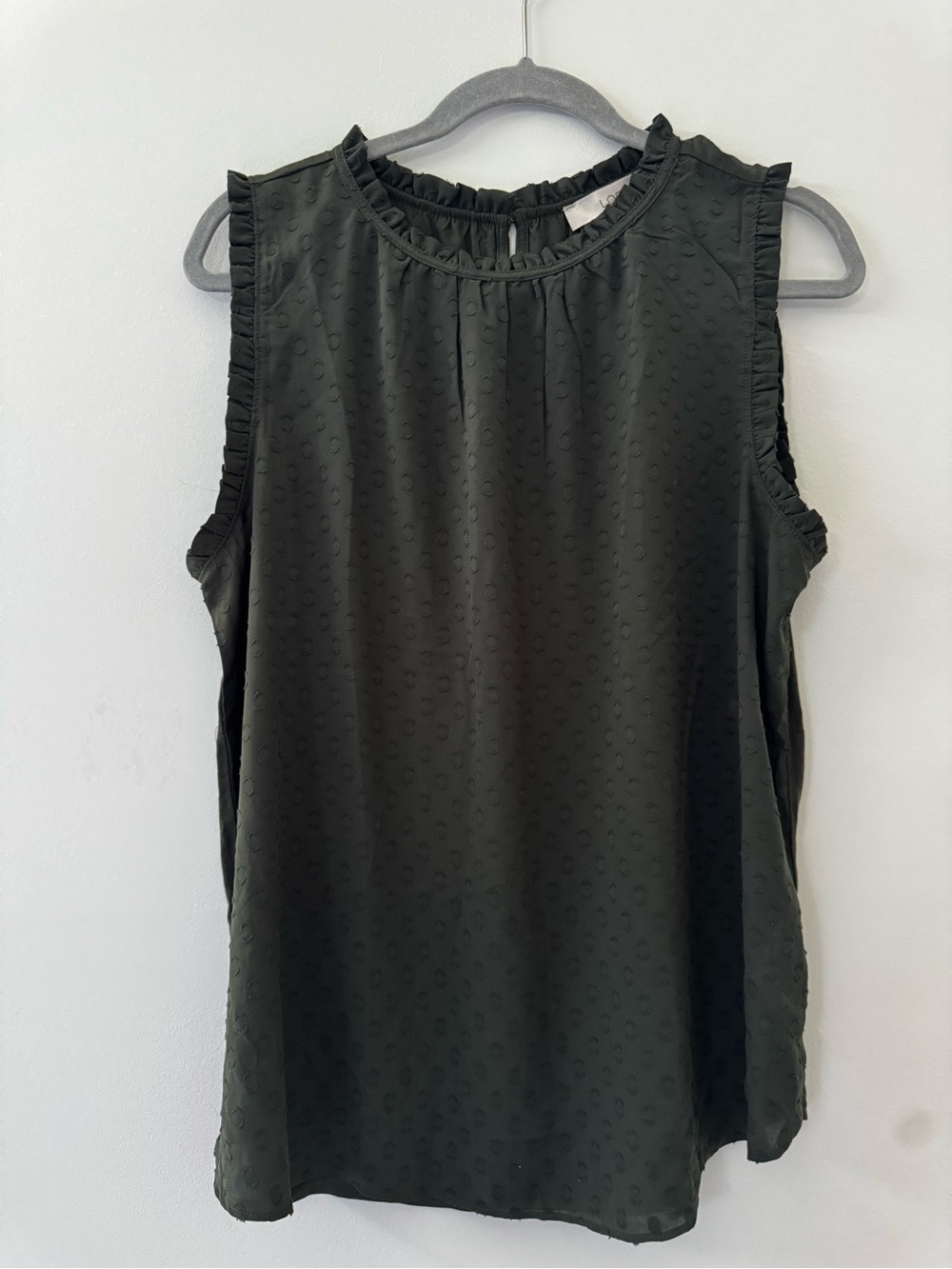 LOFT Women's Dark Green Sleeveless Ruffle Neck Blouse